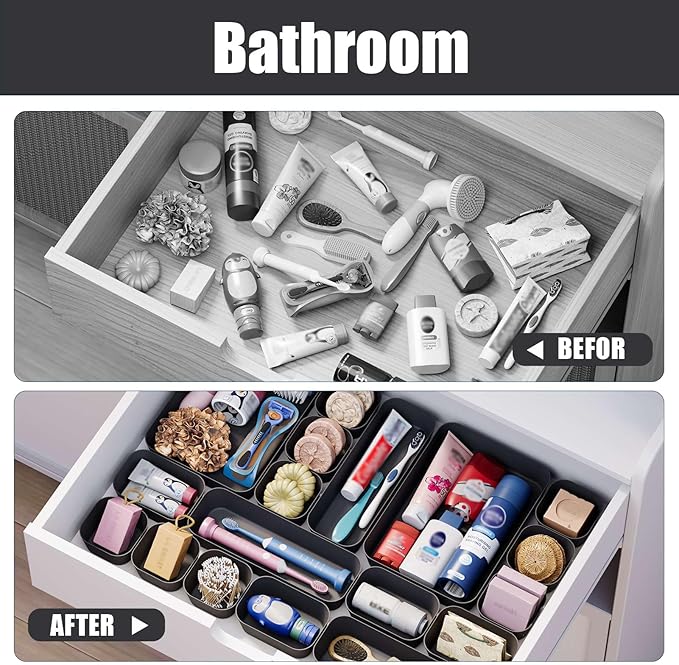 Homhut Plastic Drawer Organizers, 28 PCS Drawer Organizer Bins, Bathroom and Vanity Organizer Plastic Tray, Makeup Organizer and Storage for Makeup, Bedroom, Kitchen Gadgets Utensils, and Office