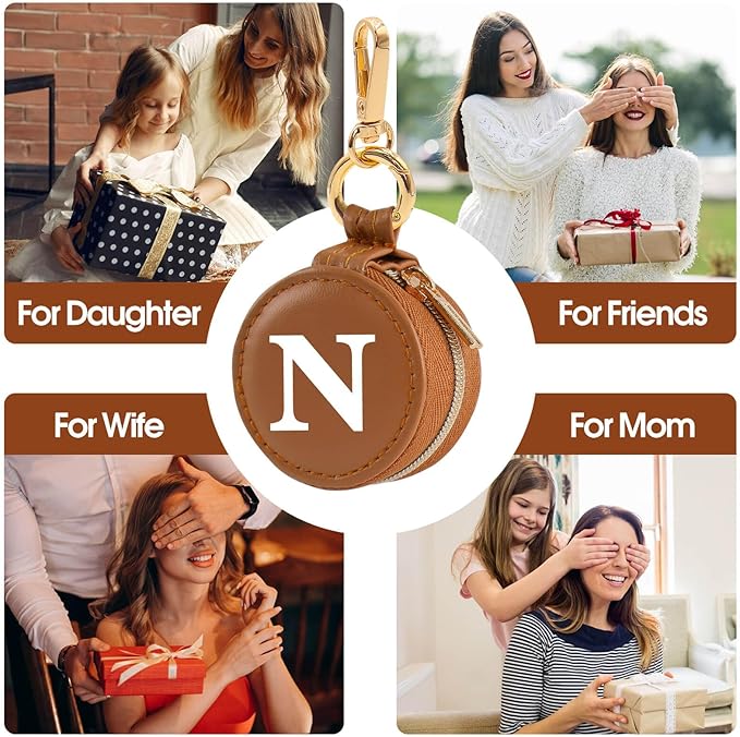 Mini Initial Travel Jewelry Case Ring Holder, Brown Faux Leather Small Jewelry Organizer Box Gifts for Women Girls Nurse Teacher, Gym Travel Accessories Keychain Pouch for Earrings Rings Necklace N