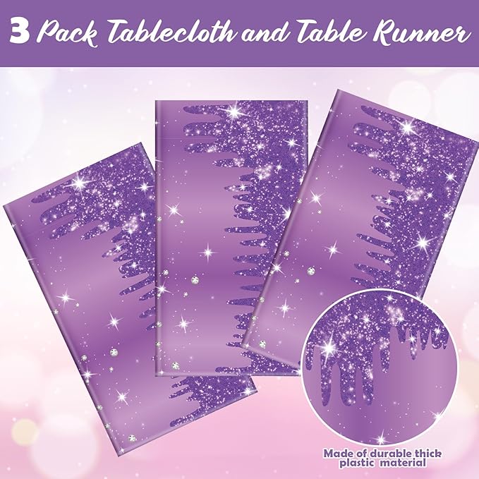 Ganeen 3 Pcs Purple Tablecloths Glitter Sparkling Disposable Plastic Table Cover Sequin Printed Rectangle Tablecloths for Girl Women Birthday Wedding Party Decor Supplies, 54 x 108 Inch