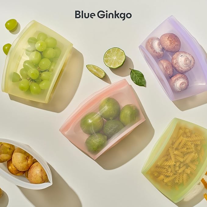 Blue Ginkgo Reusable Silicone Storage Bags – 3-Pack | Korean-Made Stand Up Food, Freezer Bags - Pumkin Yellow