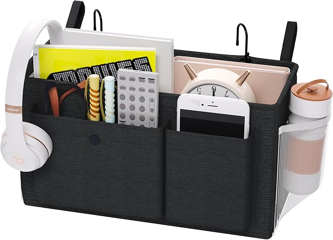 Bedside Caddy Bedside Organizer with Fixed Straps & Water Bottle Holder, Bunk Bed Caddy ideal for Home, Dorm, Hospital, Crib, Versatile Bedside Storage Solution (Black)