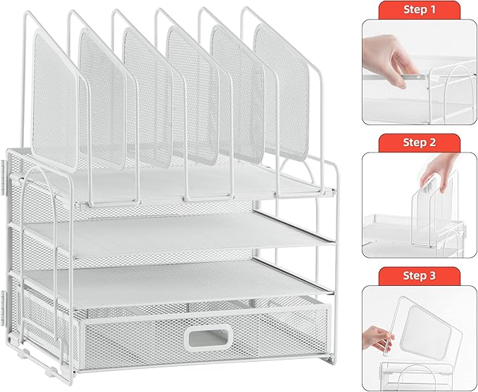 Marbrasse Desk Organizers, 4-Tier Mesh Desk File Organizer with 5 Vertical File Holders and 2 Pen Holders, Multifunction Desktop Organizer, Desk Organizers and Accessories for Home Office (White)