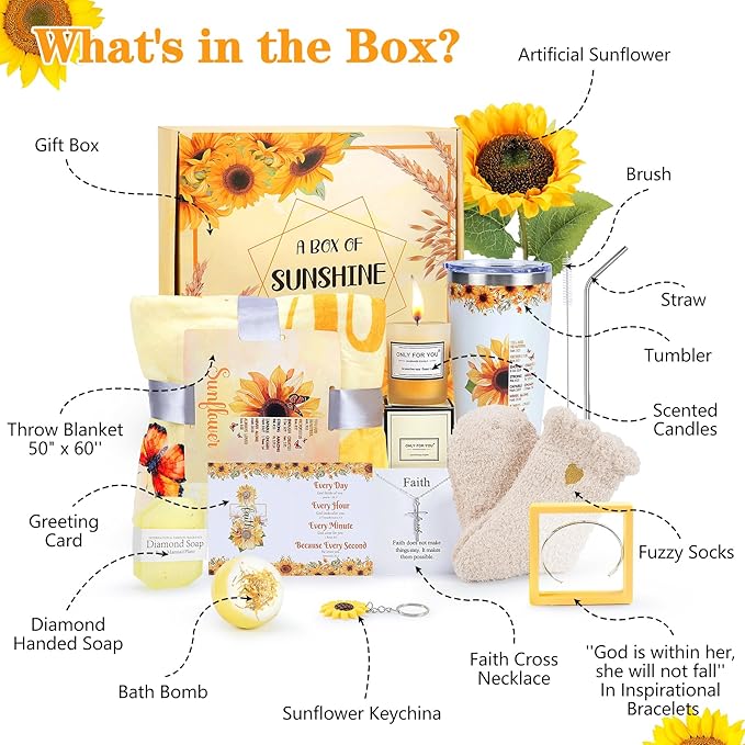 14PCS Sunflower Gifts Sending Sunshine Box, Self Care Gifts Get Well Soon Gifts Basket for Women, Relaxing Spa Gifts Care Package w/Blanket Mothers Day Gifts for Mom Wife, Girlfriend, Sister, Her