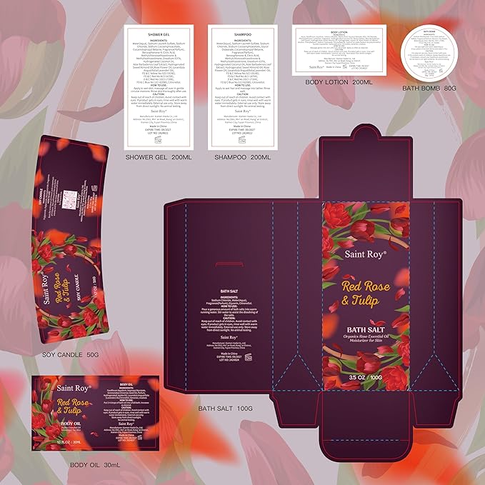 Christmas Gifts for Women, spa kit Gifts for Her Mother's Day Bath Spa Gift Set Red Rose & Tulip Spa Basket Kits for Women, Contains Body Oil, Body Lotion, Salt, self care baskets Mother's Day Gift