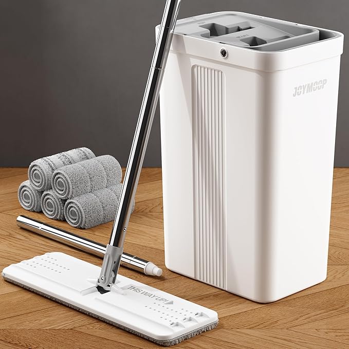 JOYMOOP Mop and Bucket Set, Flat Mops for Household & Commercial Floor Cleaning, Wet Dry Mops for Walls & Hardwood Floors, Wall Cleaner with Long Handle, Includes 5 Microfiber Pads