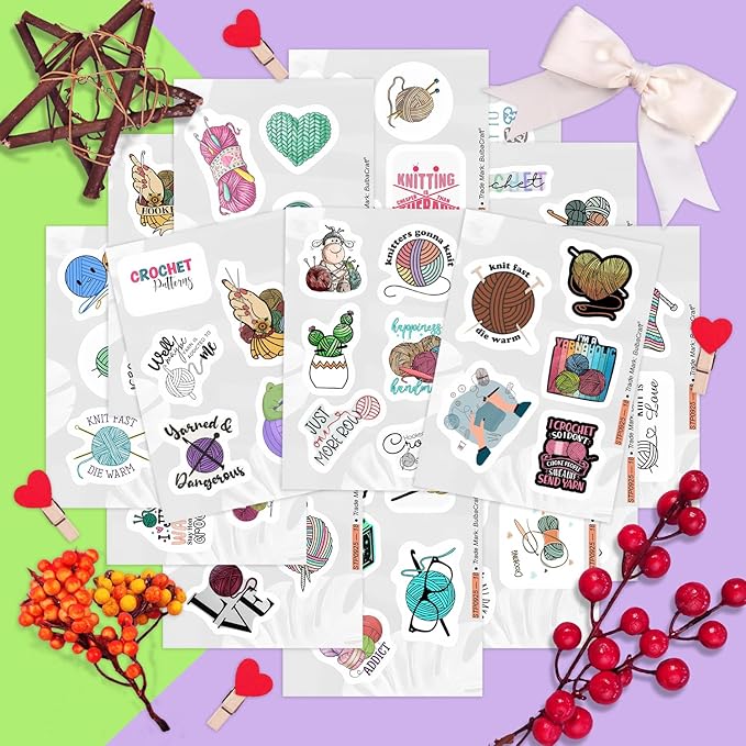 BulbaCraft 100Pcs Crochet Stickers and Knitting Stickers for Water Bottle and Laptop - Waterproof Vinyl Yarn Decals Laptop Decals, Gifts for Women & Men