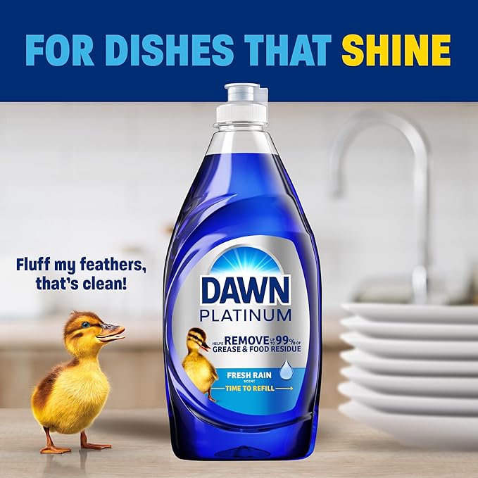 Dawn Platinum Dish Soap Fresh Rain Scent Liquid Dishwashing Detergent, Powerful Dawn Dish Soap for Tough Grease Removal, 30 oz