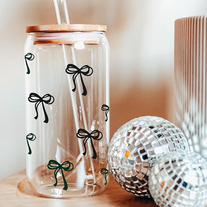 BIPEDS Cute Black Bow Glass Cup with Lid and Straws, Iced Coffee Smoothie Matcha Cup Tumbler, Birthday Gifts for Women Coffee Lover Teenage 13 14 15 16 17 18 19 years old Teen Girl Gifts Trendy Stuff