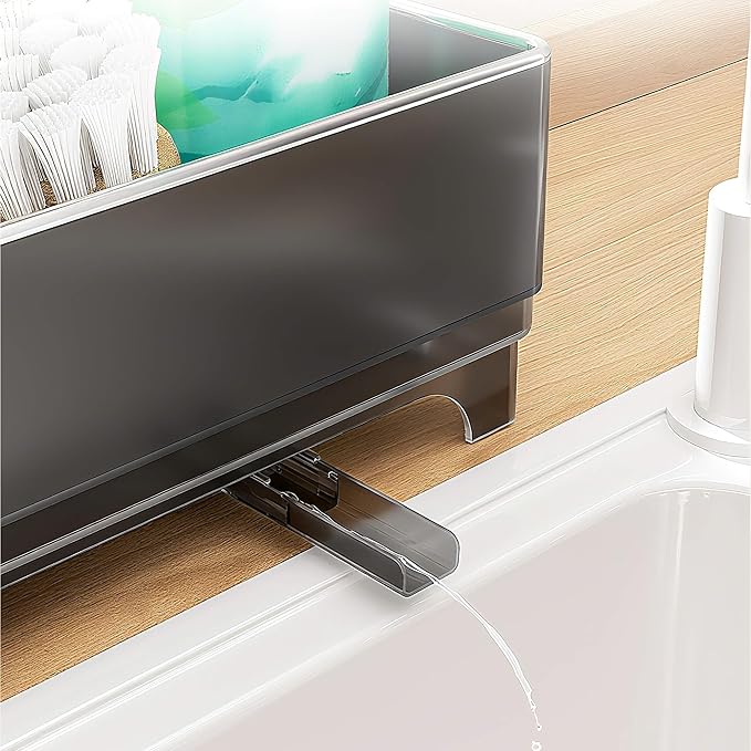 MOUKABAL Sponge Holder for Kitchen Sink, 2-Tier Sink Caddy Organizer with Drain Holes and Hooks, Holds Dishcloth, Sponge & Brushes, Kitchen Countertop Storage for New Home Essentials Grey