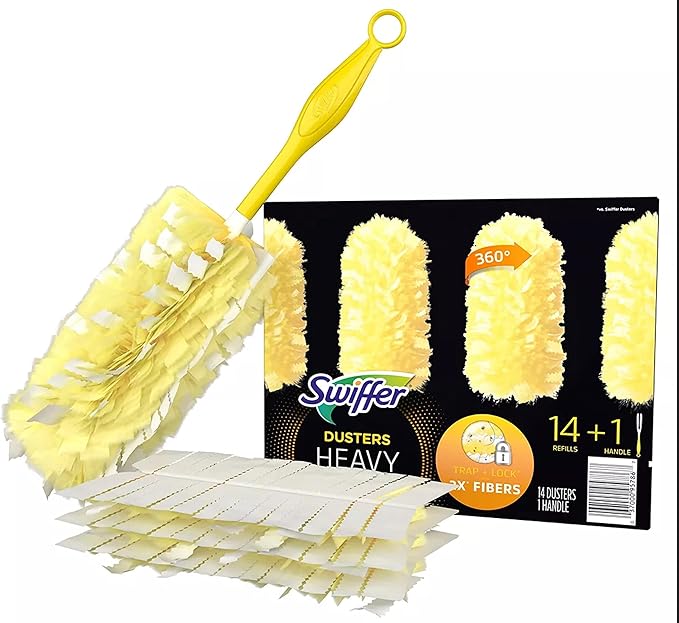 Swiffer 360 duster handle with refills, plastic handle, fleece fiber head, yellow, 14 count