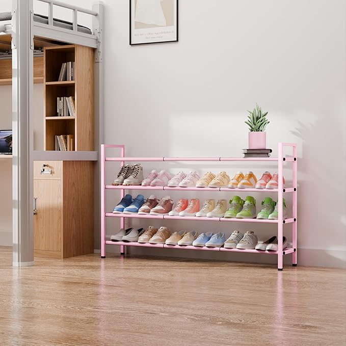 Bumusty 4-Tier Long Expandable Shoe Rack for Closet, 18"-44" Adjustable Shoe Rack for Entryway, 20-24 Pairs Large Shoe Organizer Shelf Storage, Sturdy Metal, Black