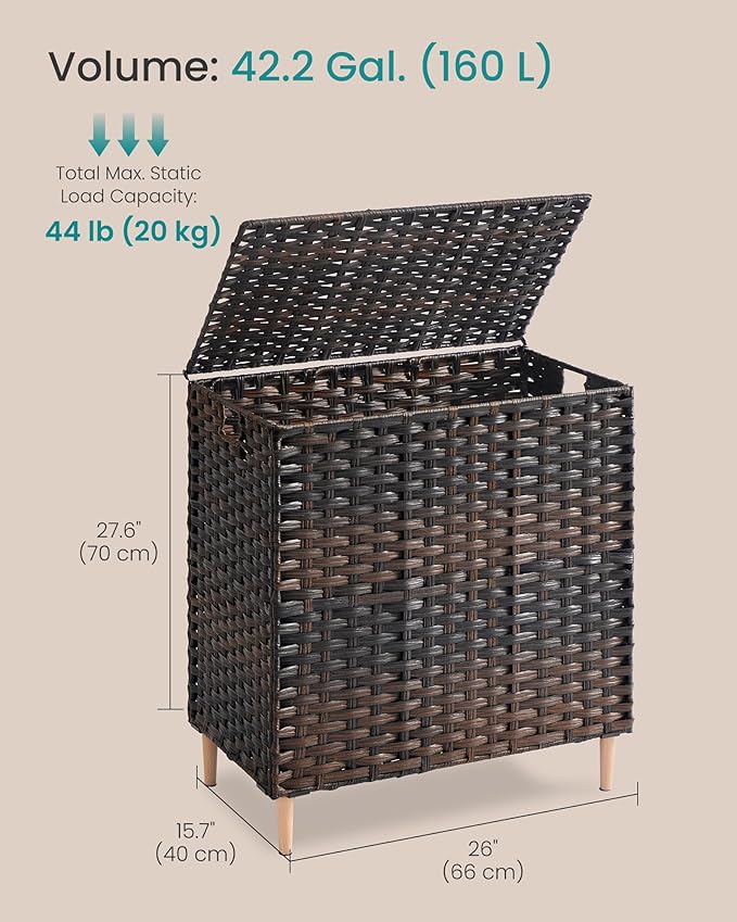 SONGMICS Laundry Hamper with Lid, 42 Gal. (160 L) PE Rattan Laundry Basket with Lid and Handles, Natural Material, Removable Machine Washable Liner, Chestnut Brown ULCB223ME01