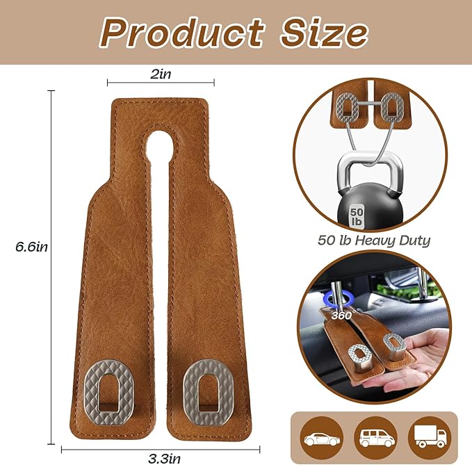 Car Headrest Hooks Universal Car Purse Hook Premium Leather and Alloy Twin Hook Car Seat Back Storage Hanger Hook for Purse Bags Cloth Drink Durable Holder Car Accessories (BH09-Brown-Silver-4 Pcs)