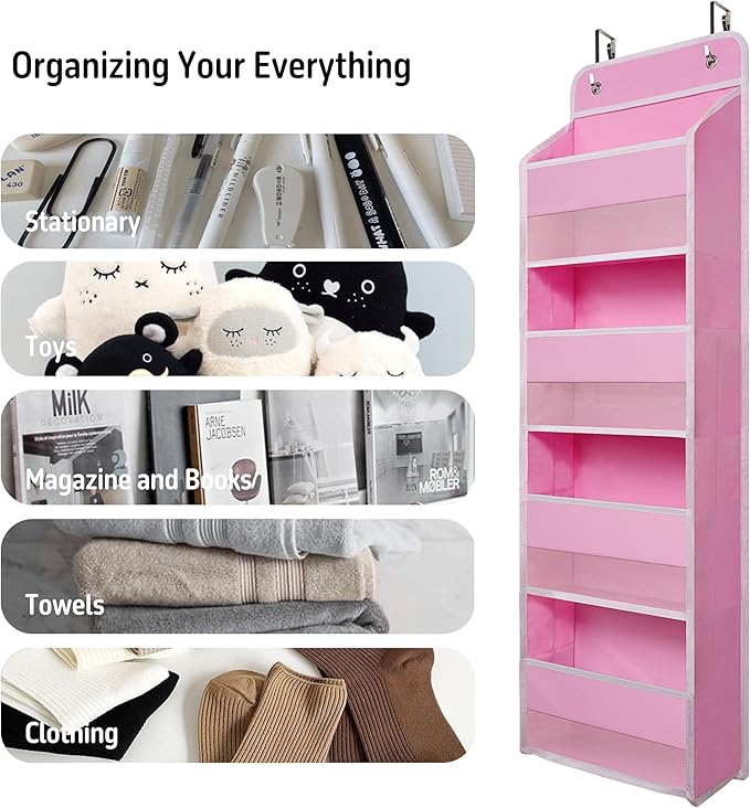 Over Door Organizer with 4 Large Capacity Pockets, Heavy Duty Hanging Organizer Storage for Closet Bathroom Nursery Bedroom Dorm, Toys Cosmetics Sundries and Baby Essentials, Pink
