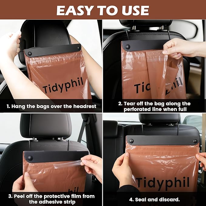 50 PCS Disposable Car Trash Bags Hanging, Leak-proof, Odor Seal. 2 Gallon Car Garbage Bags, Big Capacity. Independent of Car Trash Can, Easy Stick-On Car Trash Bin for Car, SUV, Truck, Stroller. Brown