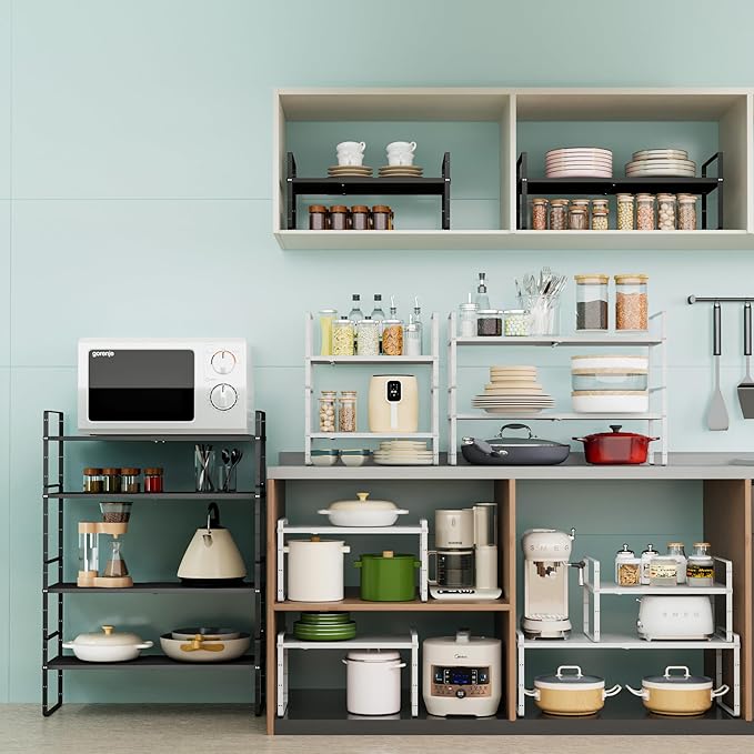 LOCVCDA Expandable Cabinet Organizer Shelf, Adjustable Height Organizer Riser for Kitchen Cabinet Spice Rack Locker Pantry Cupboard Under Sink Countertop Desk Organization Metal Stackable Shelves
