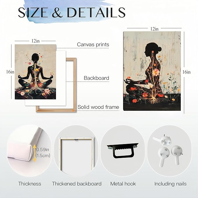 Yoga and Flower themed Meditation Wall Art Set of 3, Spiritual Meditation Women's Match with Flower and Lotus Patterns Canvas Poster Prints Painting,for Yoga Meditation Room,Bedroom,Framed 12X16in