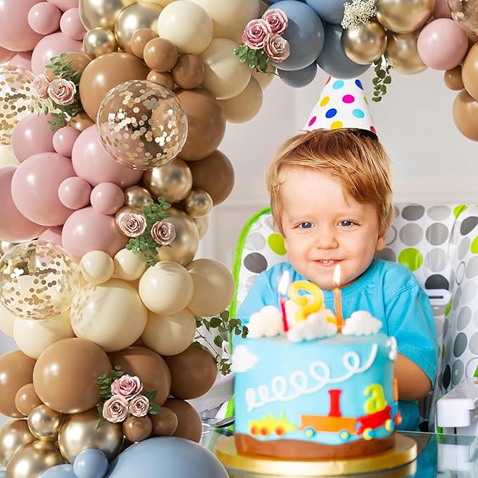Woaipati 148-Piece Dusty Pink Blue Brown Yellow Balloon Arch Garland Kit, Retro Pink Dusty Blue Brown Pastel Yellow Gold Confetti Balloons for Baby Shower Wedding Engagement Birthday Party Decorations