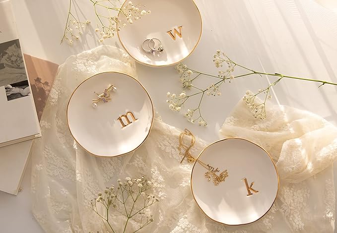 COLLECTIVE HOME - Ceramic Jewelry Tray, Decorative Trinket Dish for Rings Earrings Necklaces Bracelet Watch Keys, Birthday Mother's Day Christmas Gift for Women, 4.75", White Surface (K)
