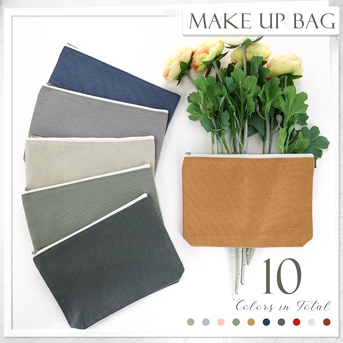 Reginary 10 Pcs Valentine's Canvas Makeup Bags Bulk for Women, Travel Toiletry Cosmetics Bags, Blank DIY Pencil Pouch, Gift for Valentine's Day, St. Patrick's Day, Wedding, Bridal Shower, Coworker (Morandi Color)