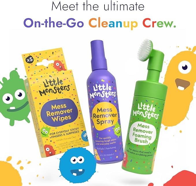 Little Monsters Mess Remover Foaming Brush 5 fl oz (150ml) | Kid-Friendly Laundry Stain Remover Spray, Newborn Essentials & Baby Essentials, For Tougher Stains on Clothes, Shoes, Upholstery, & More