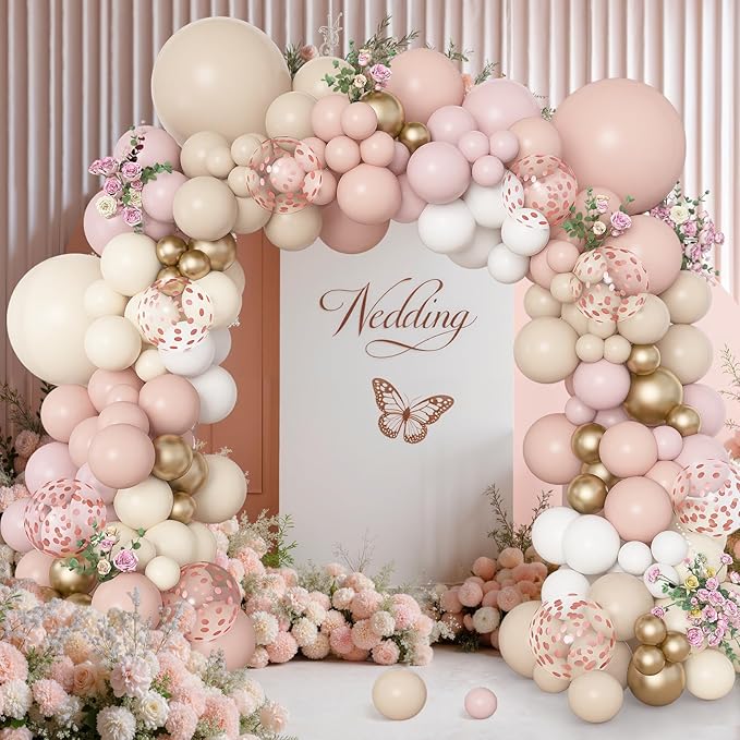 Amandir 173Pcs Boho Dusty Pink Balloon Arch Garland Kit, Neutral Baby Pink Ivory White Sand Nude Rose Gold Confetti Balloons for Girl Baby Shower Gender Reveal Wedding Birthday Party Decorations