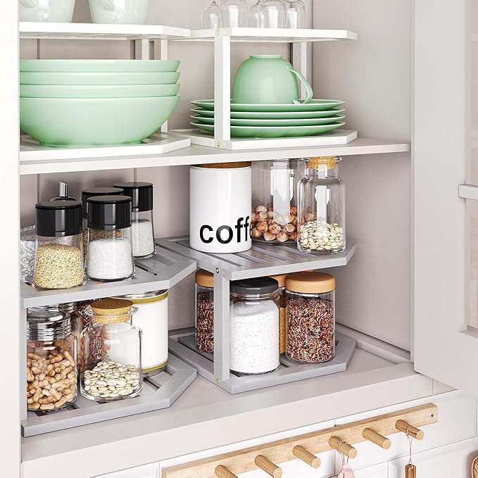 Bamboo Corner Shelf (2 Pack), 2 Tier Plate Organizer for Cabinet and Countertop, Pantry Dish and Spice Rack for Kitchen (White)