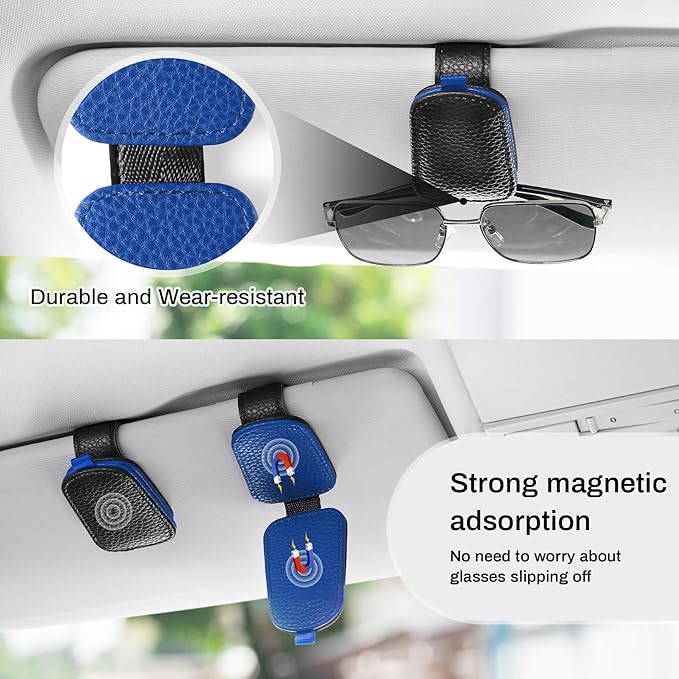 SINGARO Sunglasses Holder for Car, Leather Magnetic Buckle Sun Visor Sunglass Clip, Ticket Card Storage Glasses Clip, Car Interior Accessories for Men and Women(Black-Blue)