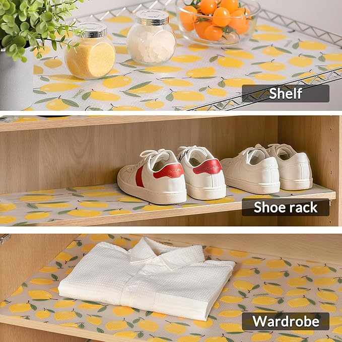 Cooyes Shelf Liner, Non-Adhesive Cabinet Liners for Kitchen Drawers, Shelves, Refrigerator, Pantry Storage, Bathroom Closet, Fridge, Durable Waterproof EVA Mats(17.5" W x 197" L, Yellow Lemon)