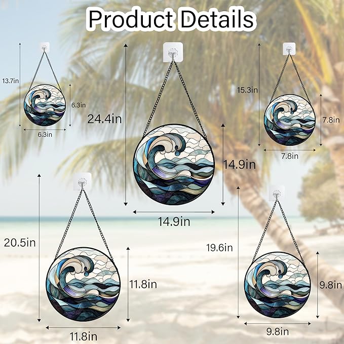 Stained Glass Window Hanging, Ocean Waves Sun Catchers Diamond Glass Panel Hangings Abstract Suncatcher Decor for Birthday for Women, Men, Wife, Aunt, and Mom 14.9x14.9 in