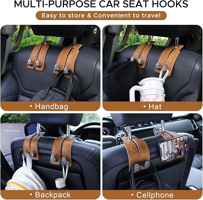 URIZZD 2PCS 가죽 자동차 시트 헤드레스트 후크, 차량용 행거 수납 정리함, 핸드백 지갑용 범용, 자동차 액세서리 선물 (브라운-블랙)