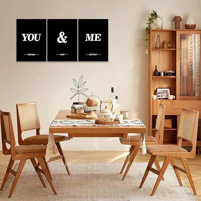 KAWAHONE 3 Pieces Black White You and Me Word Canvas Poster,Modern Lover Style Wall Art for Living Room Bedroom Home Decor