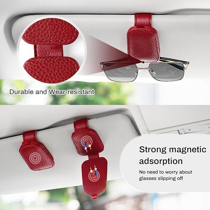 SINGARO Sunglasses Holder for Car, Leather Magnetic Buckle Sun Visor Sunglass Clip, Ticket Card Storage Glasses Clip, Car Interior Accessories for Men and Women (Red)