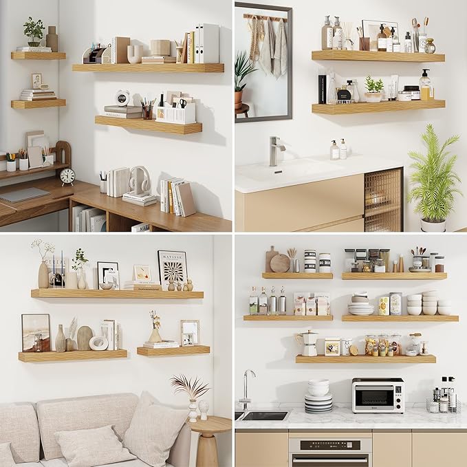 fuqing Floating Shelves for Wall, Wall Mounted Wood Floating Shelf with Invisible Brackets for Living Room, Bathroom, Bedroom, Kitchen Storage and Decor, 6.5 Inch Set of 3, Oak