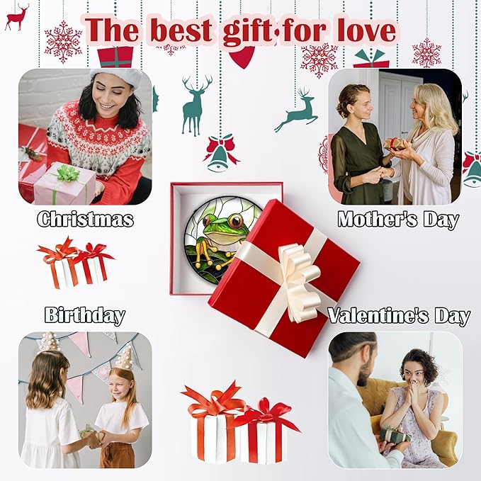 Stained Glass Window Hanging, Green Frog White Petals Sun Catchers Colorful Glass Panel Cute Suncatcher Decor for Birthday for Women, Men, Wife, Aunt, and Mom 14.9x14.9 in