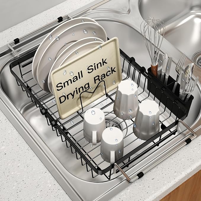 MAJALiS Small Expandable Over The Sink Dish Drying Rack Drainer In Stainless Steel Metal For Kitchen, Counter Space Saving Compact Plate Dryer Strainer Adjustable Hanging Inside Sink Wire Drain Holder