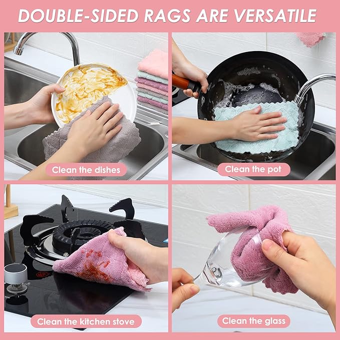 Rachan 11Pack Kitchen Dish Cloths Reusable Dish Towels,Super Absorbent Coral Velvet Cleaning Cloths for Cleaning Tableware, Kitchen, Bathroom(Pink grey10 x 6")