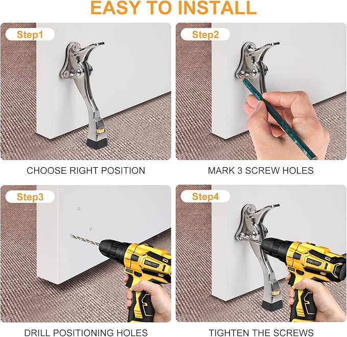 3 Packs Heavy Duty Kickdown Door Stopper, One Touch Adjustable Kickdown Door Stop for Heavy Doors, 4 in Metal Door Kickstand with Rubber Tip & Wall Protectors for Wide Doors