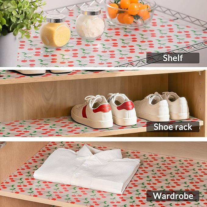 Cooyes Shelf Liner, Non-Adhesive Waterproof Shelf Paper with Fruit Pattern, Easy to Cut and Durable EVA Cabinet & Drawer Mat for Kitchen (17.5 Inch W x 360 Inch L, Red Cherry)