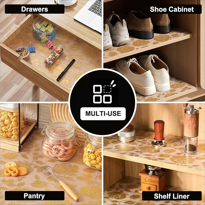 INNOLITES Shelf Liner for Cabinets, Non-Adhesive for Kitchen Drawer Liner, Waterproof Shelf Paper with Floral Pattern, Durable Easy to Clean (Golden Rose, 11.8" x 240")