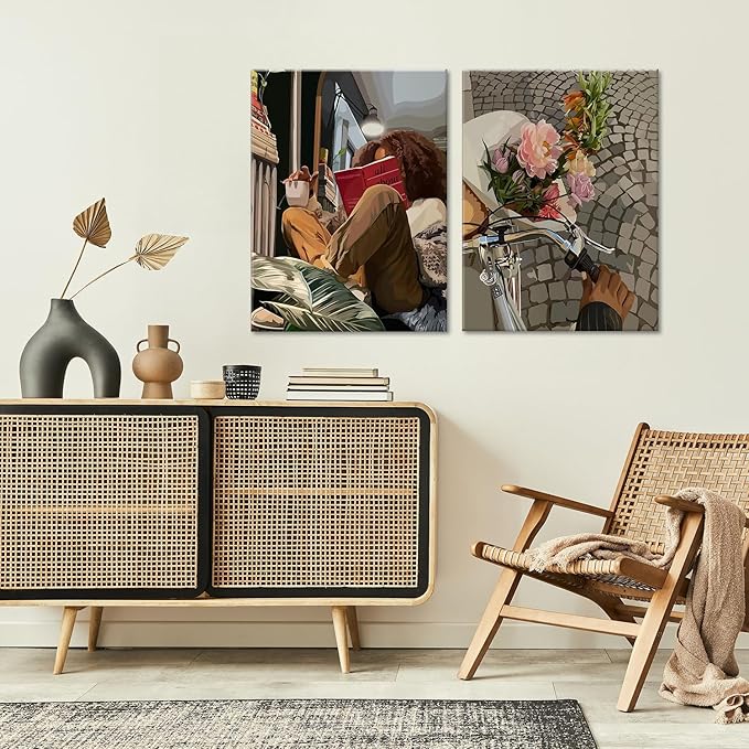 Modern African American Women Wall Art Set of 2,Cozy Reading & Bike Ride with Flowers Painting Canvas Prints,black woman Vintage Aesthetic Poster for Living Room, Bedroom, Office, Framed 12X16in