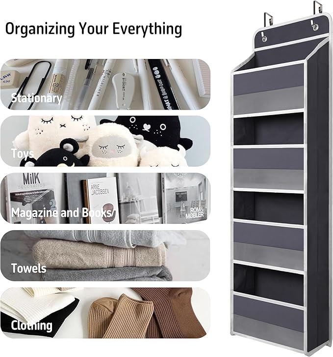 Over Door Organizer with 4 Large Capacity Pockets, Heavy Duty Hanging Organizer Storage for Closet Bathroom Nursery Bedroom Dorm, Toys Cosmetics Sundries and Baby Essentials, Gray