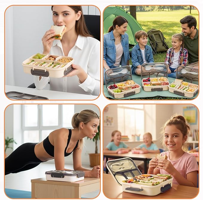 Bento Box for Adults,4 Compartments Lunch Box, Snack Containers Reusable Lunch Containers Drop-Proof, Dishwasher Safe & Made with BPA-Free Materials, Beige
