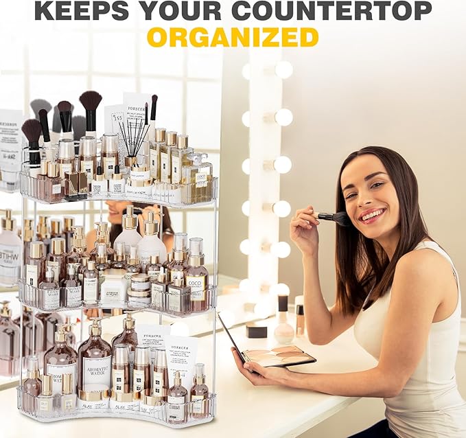 3-Tier Corner Bathroom Counter Organizer with Top Toothbrush Holders, Large Makeup Organizer Countertop with Brush Holder, Skincare Organizers Corner, Exquisite Vanity Organizer (Clear, 3 Tier)