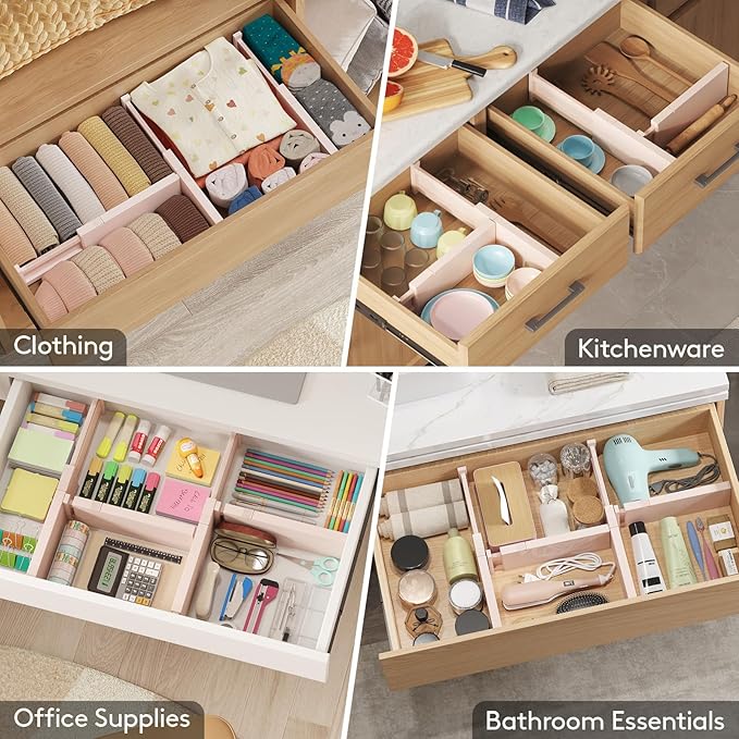 Lifewit 5 Pack Drawer Dividers 4" High, 11-17" Adjustable Dresser Drawer Organizers for Clothes, Expandable Dresser Separators in Bedroom/Bathroom/Kitchen/Vanity/Office Organization and Storage, Pink