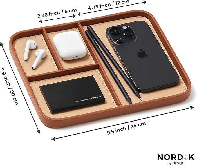 Nordik Leather Valet Tray - Sand Brown - Premium Vegan Leather Stylish and Organised Nightstand Tray for Men - EDC Catchall Tray for Keys, Watch, Wallet, Jewellery - Modern Bedside Caddy