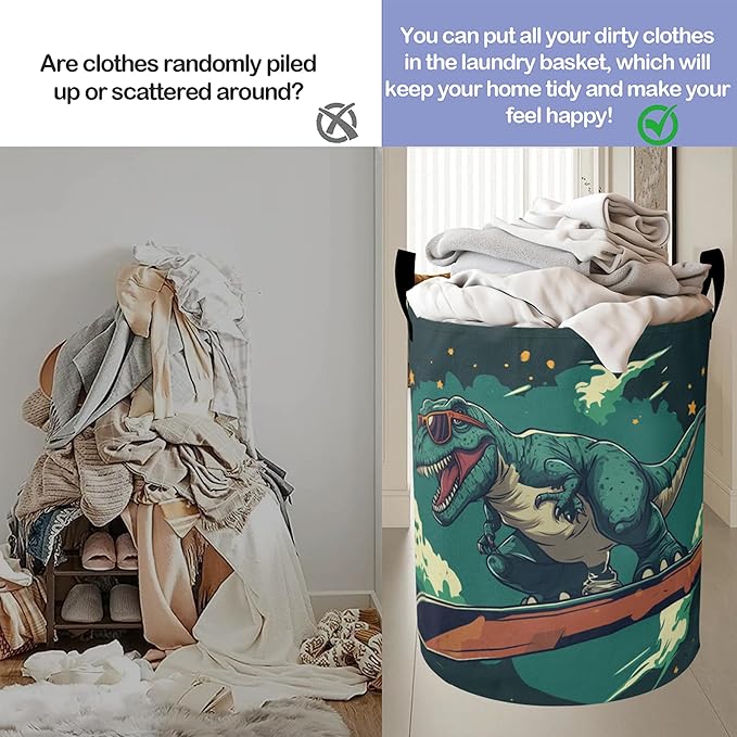 Cute Tyrannosaurus Rex Laundry Basket - Large Foldable Hamper Holder Portable Tall Collapsible Laundry Hamper Storage Basket Bin with Handles, Canvas & Waterproof Lining for Household Items