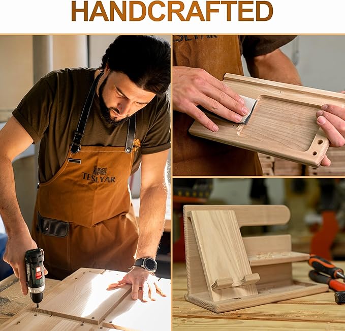 TESLYAR Wood Phone Docking Station for Men - Desktop or Nightstand Organizer - Birthday Gifts for Men, Dad - Anniversary Idea from Wife - Key Holder, Stand Wallet, Watch & Essentials (Deep Black)