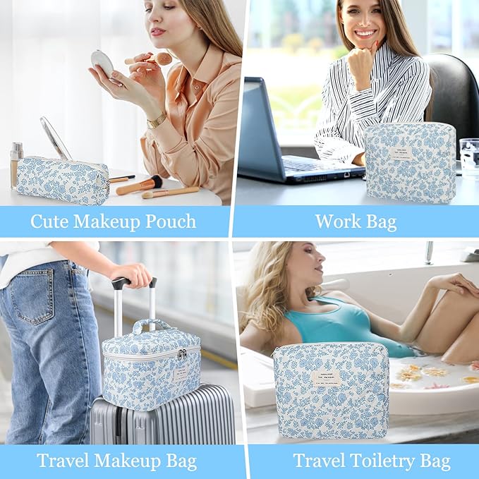 Gosect 3PC Makeup Bag Set, Cute Cosmetic Bag for Women Girls, Floral Coquette Aesthetic Toiletry Bag, Travel Make Up Organizer Bag (Blue Check)