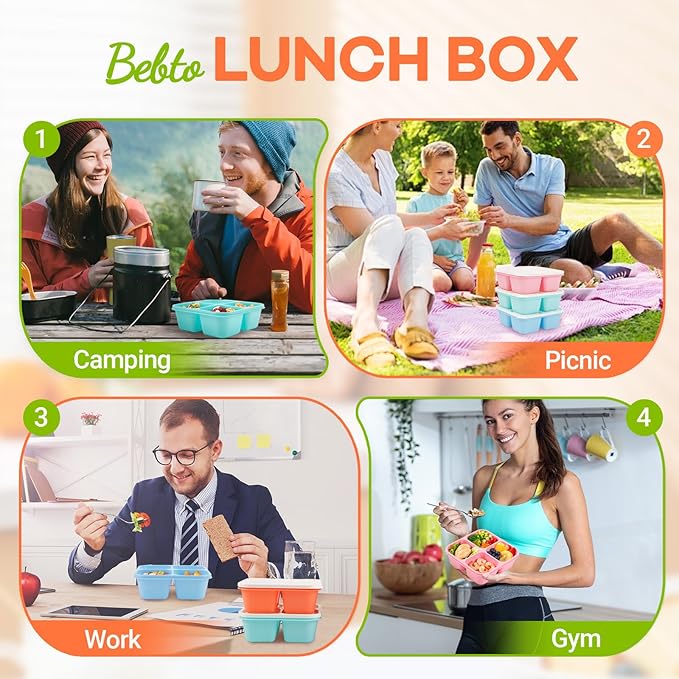 Bento Box Adult Lunch Box- 4 Pack,4 Compartment Snack Containers Reusable Meal Prep Stackable BPA-Free Lunch Containers for Home, Work, Travel (4 Color)